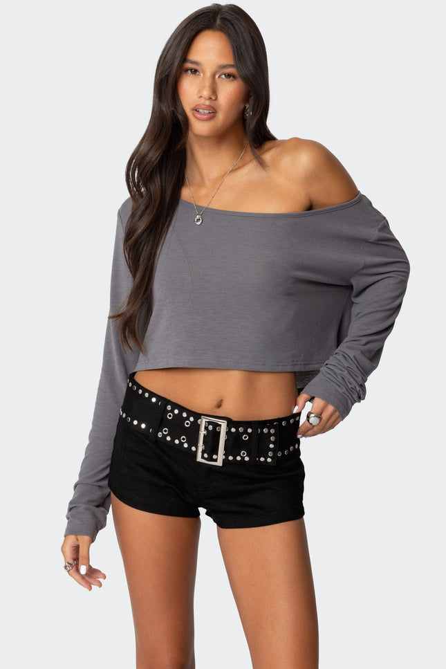 Cropped Off Shoulder Top - Gray