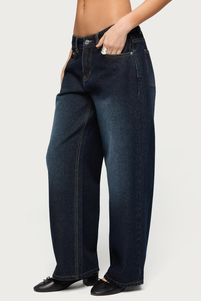 Petite Raelynn Washed Low Rise Baggy Jeans - Dark Blue Washed