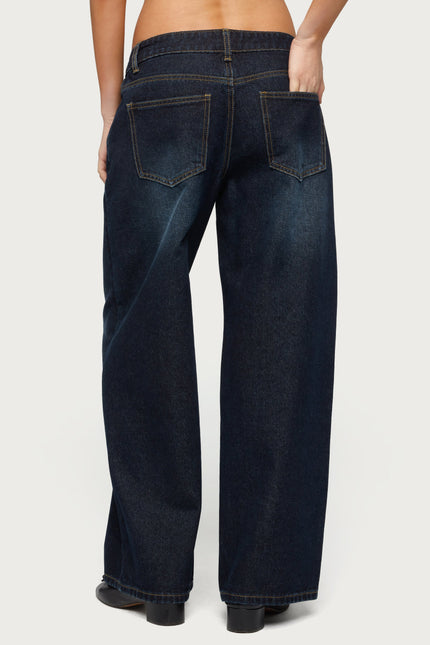 Petite Raelynn Washed Low Rise Baggy Jeans - Dark Blue Washed