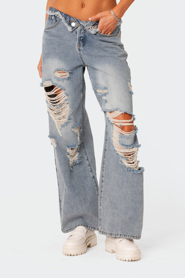 Distressed Fold Over Low Rise Wide Leg Jeans