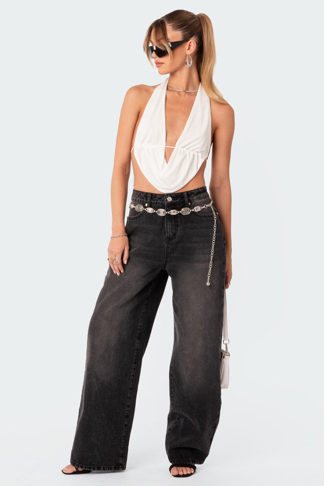 Scoop Neck Open Back Crop Top - White