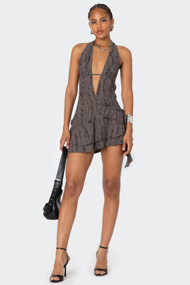 Shredded Backless Halter Mini Dress - Brown