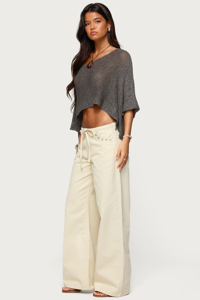 Grommet Tie Waist Low Rise Baggy Jeans - Beige