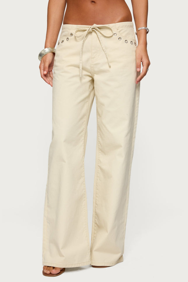 Grommet Tie Waist Low Rise Baggy Jeans - Beige