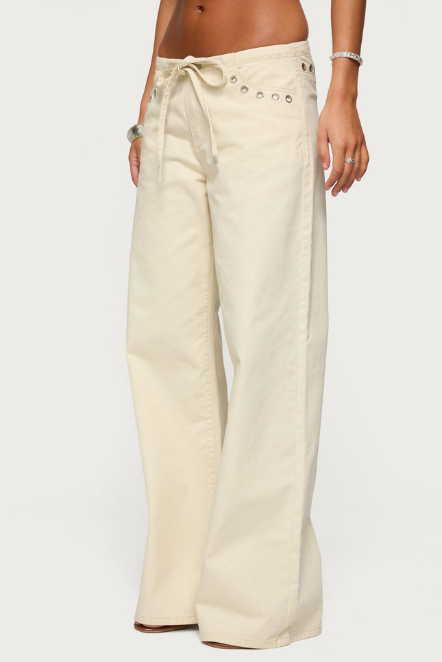 Grommet Tie Waist Low Rise Baggy Jeans - Beige