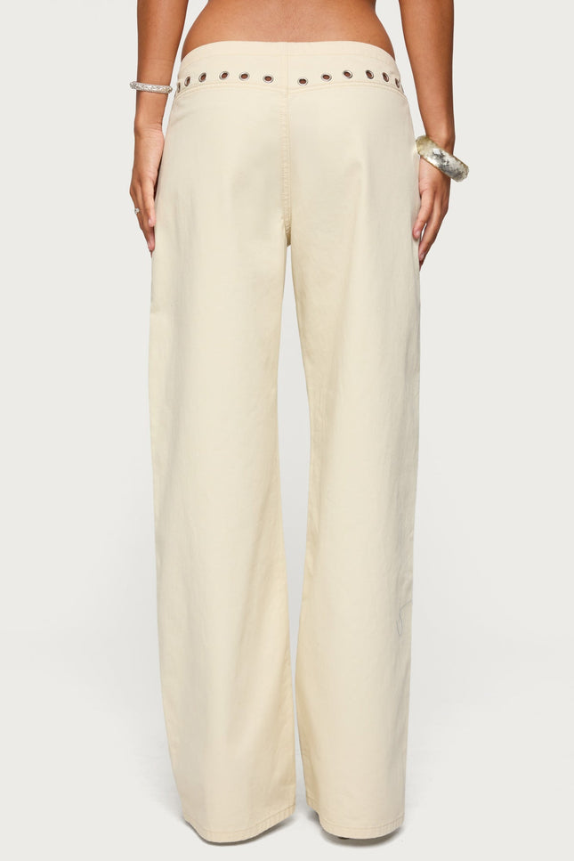 Grommet Tie Waist Low Rise Baggy Jeans - Beige