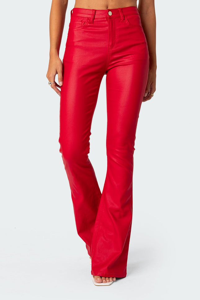 Luna Faux Leather Mid Rise Flared Jeans - Red