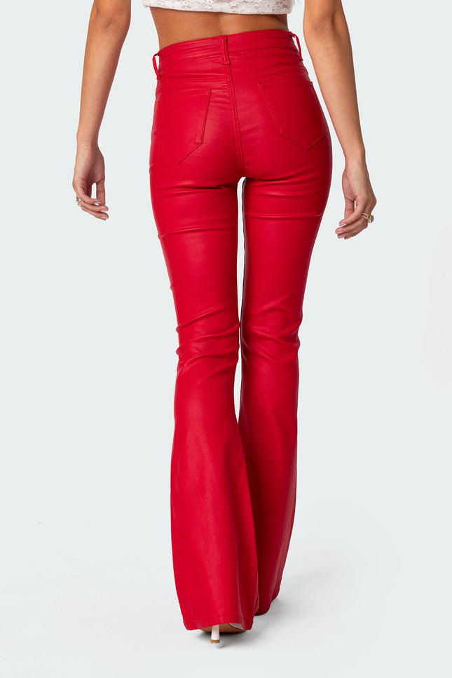 Luna Faux Leather Mid Rise Flared Jeans - Red