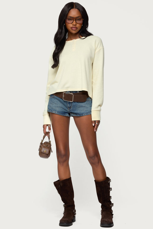 Deni Long Sleeve Henley Waffle Top - Yellow