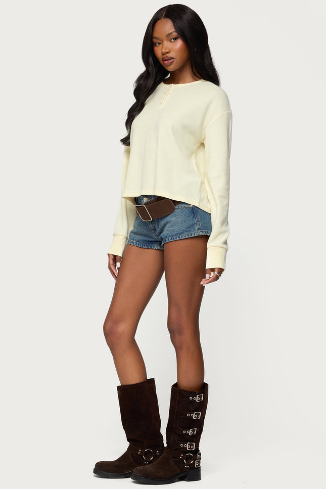 Deni Long Sleeve Henley Waffle Top - Yellow