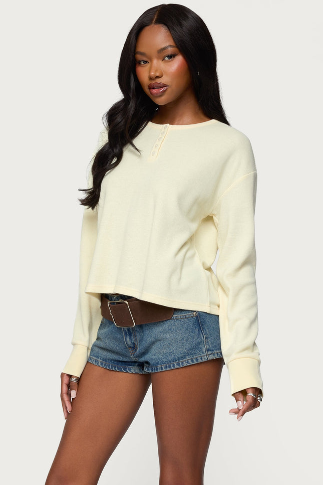 Deni Long Sleeve Henley Waffle Top - Yellow