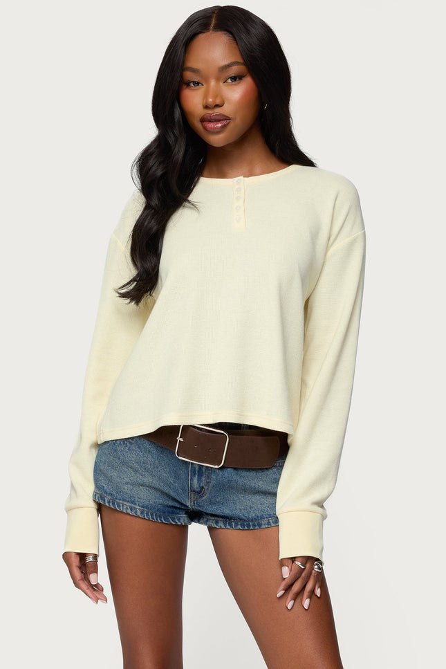 Deni Long Sleeve Henley Waffle Top - Yellow