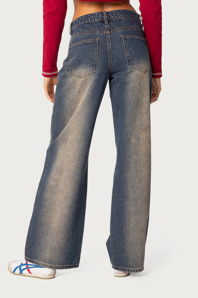 Raelynn Washed Low Rise Baggy Jeans - Blue Brown Washed