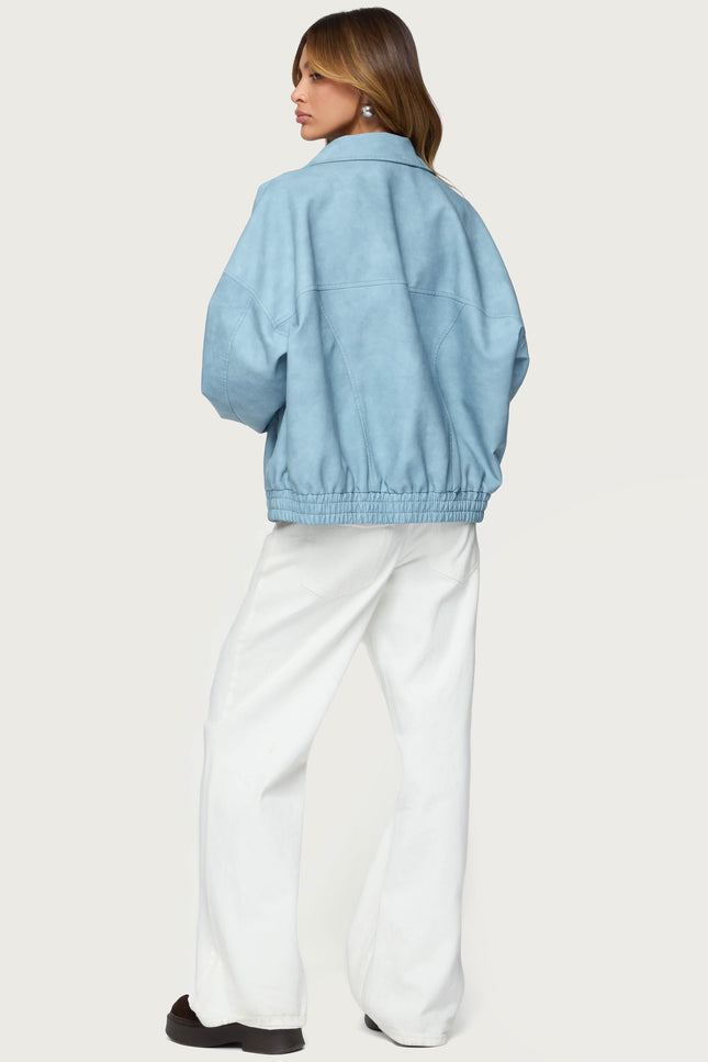 Oversized Washed Faux Leather Jacket - Light Blue Washed