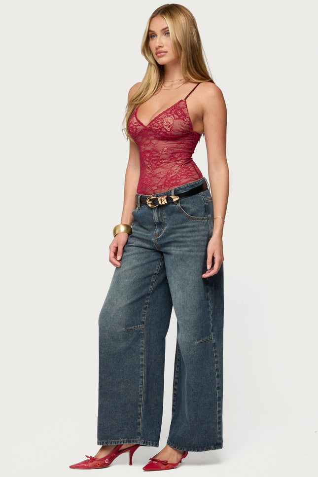 Nolyn Sheer Lace V Neck Bodysuit - Burgundy