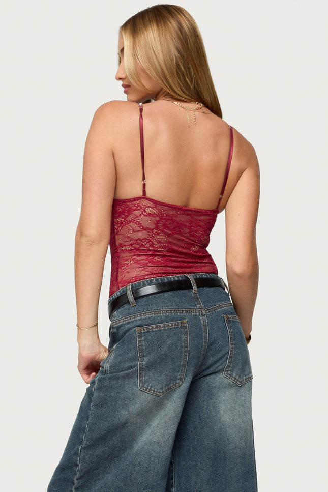 Nolyn Sheer Lace V Neck Bodysuit - Burgundy