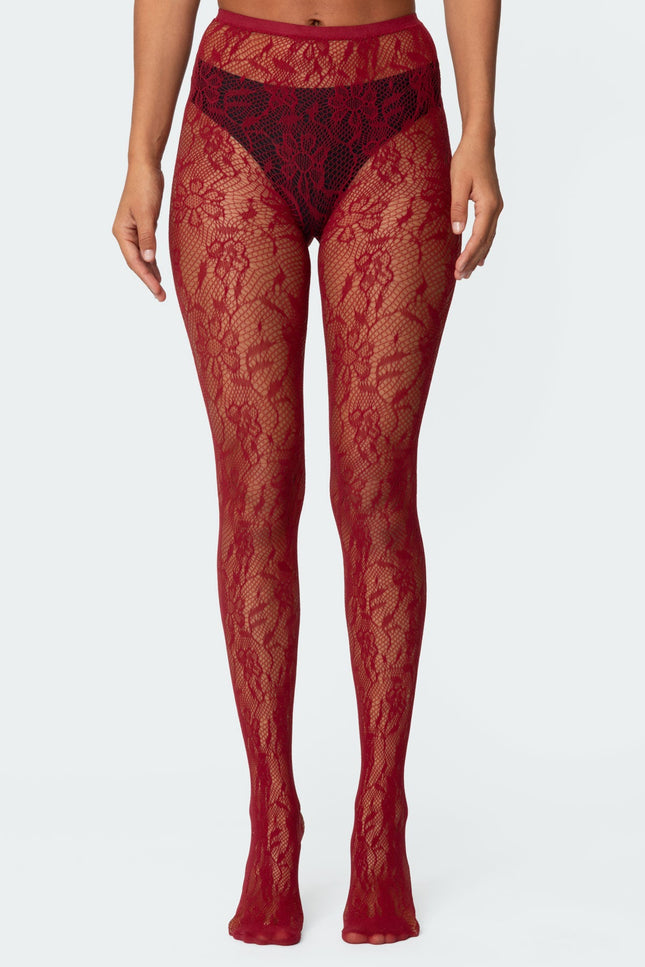 Lacey Fishnet Tights - Red