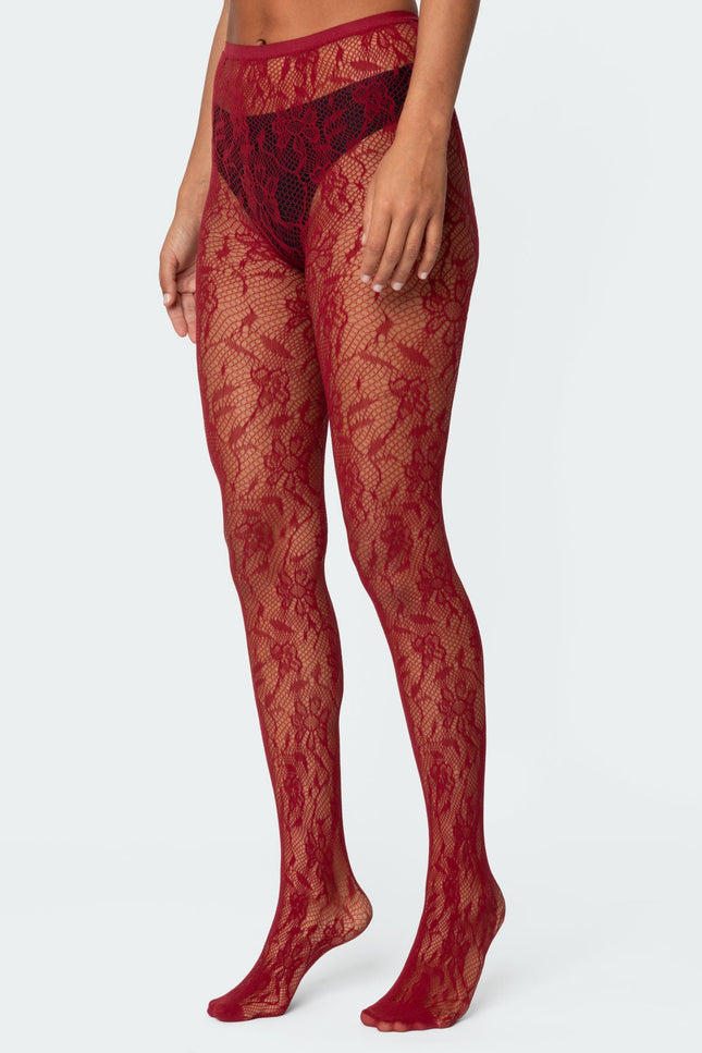 Lacey Fishnet Tights - Red