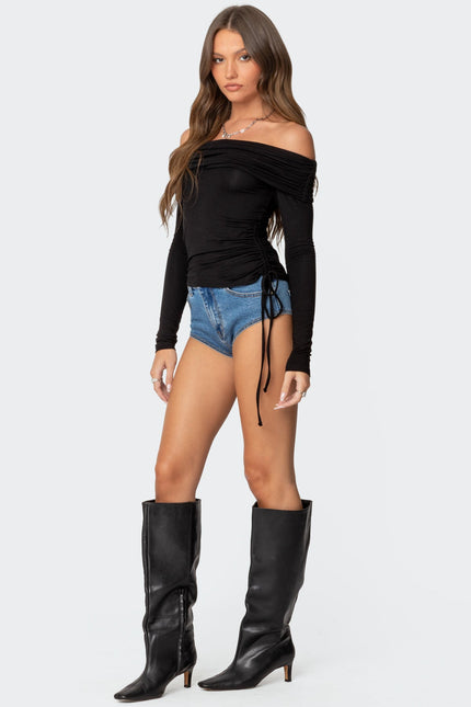 Gathered Fold Over Drawstring Top - Black