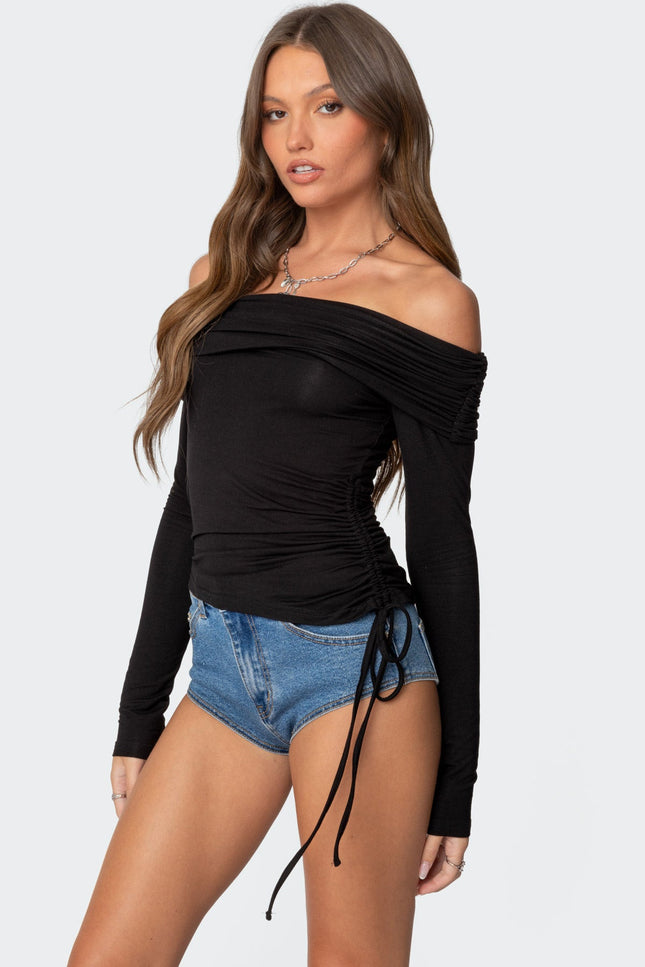 Gathered Fold Over Drawstring Top - Black
