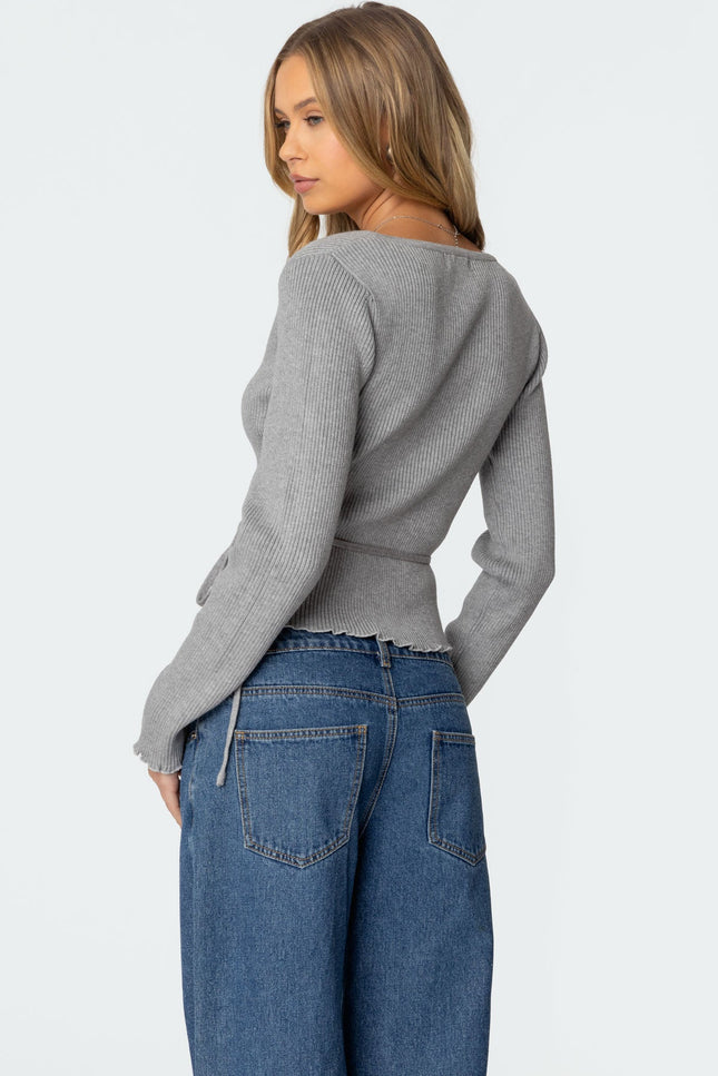 Paden Ribbed Knit Wrap Top - Gray Melange
