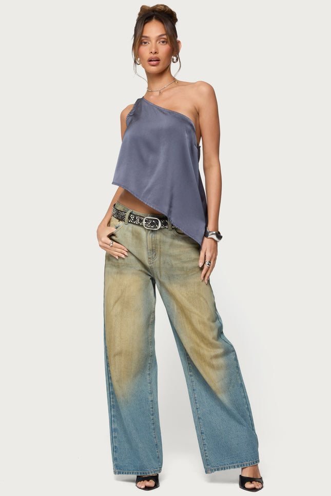 Asymmetric Satin Effect One Shoulder Top