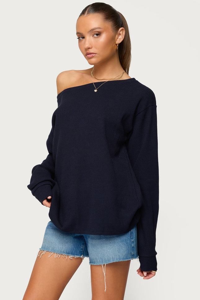 Damari Off Shoulder Oversized Waffle Top - Navy