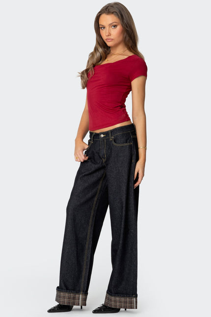 Plaid Cuffed Low Rise Baggy Jeans - Blue