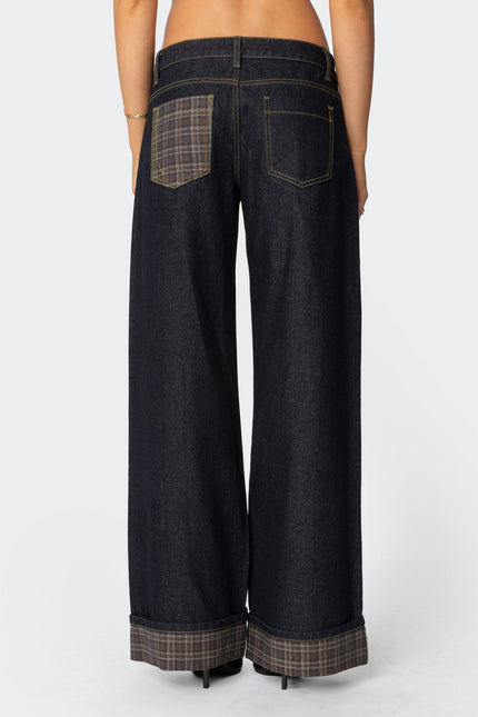Plaid Cuffed Low Rise Baggy Jeans - Blue