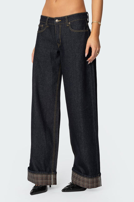 Plaid Cuffed Low Rise Baggy Jeans - Blue