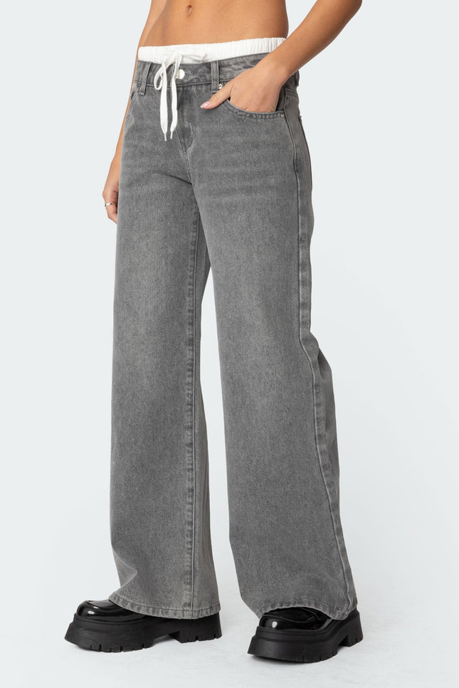 Boxer Detail Low Rise Baggy Jeans - Gray Washed