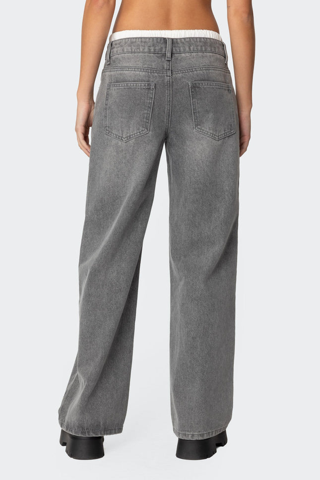 Boxer Detail Low Rise Baggy Jeans - Gray Washed