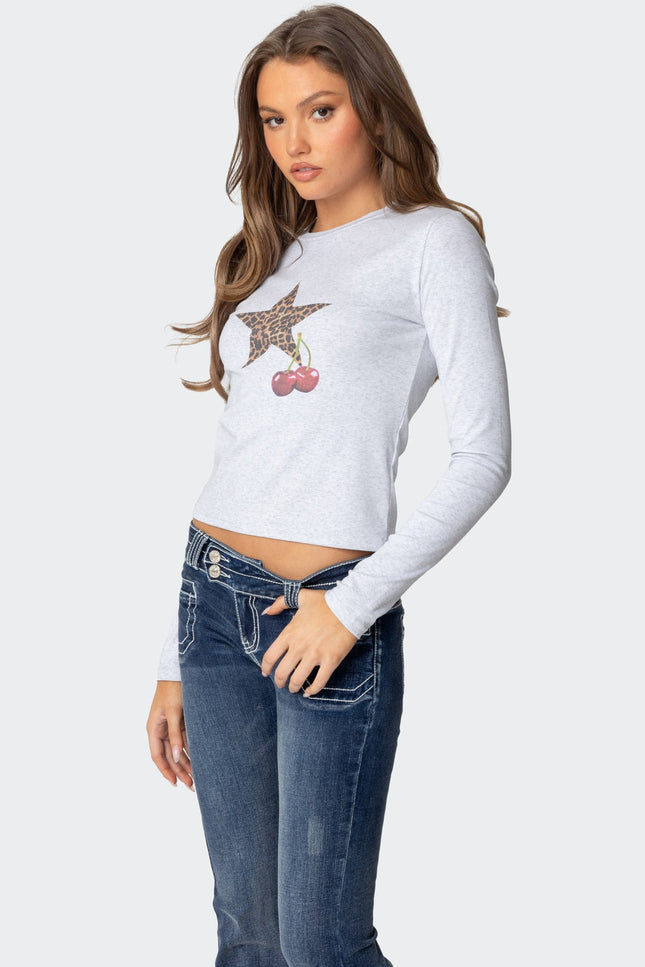 Cherry Leopard Star Long Sleeve T Shirt - Gray Melange