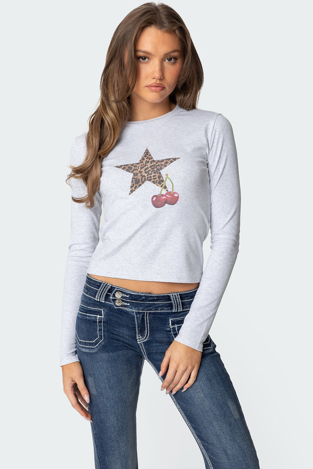 Cherry Leopard Star Long Sleeve T Shirt - Gray Melange
