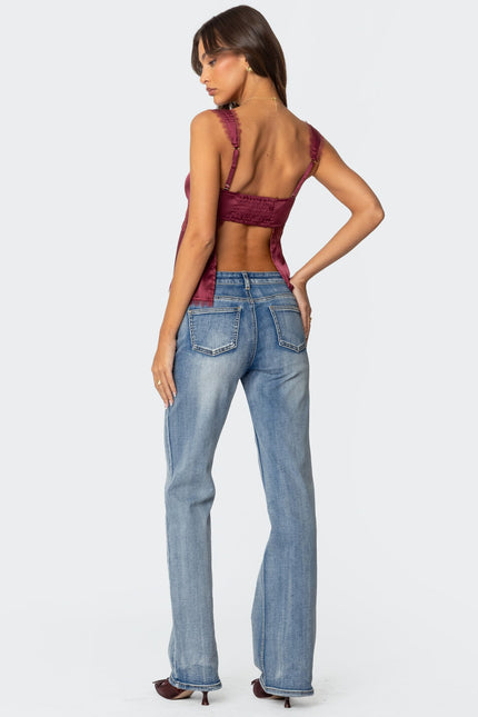 Loryn Lacey Satin Effect Top - Burgundy