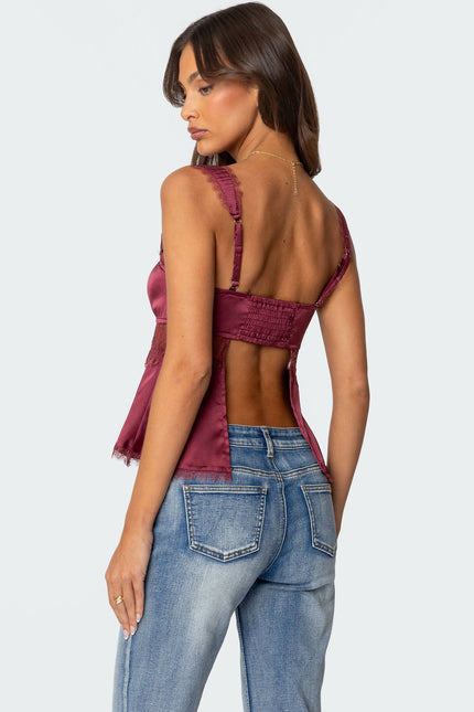 Loryn Lacey Satin Effect Top - Burgundy