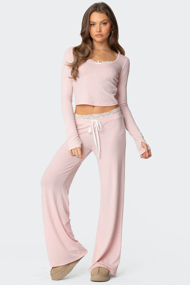 Peekaboo Lace Long Sleeve Top - Pink