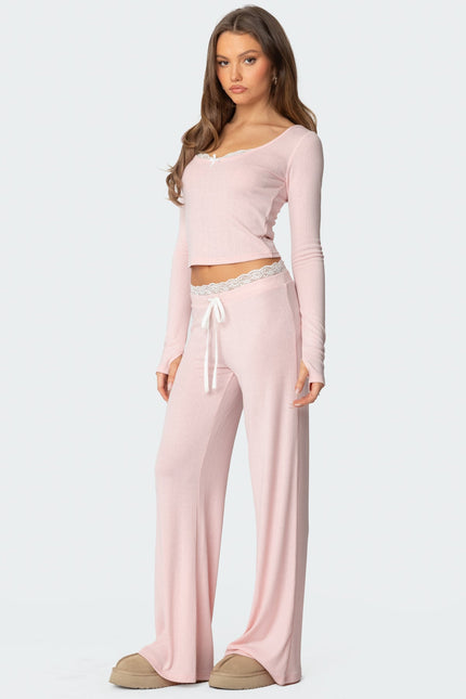 Peekaboo Lace Long Sleeve Top - Pink