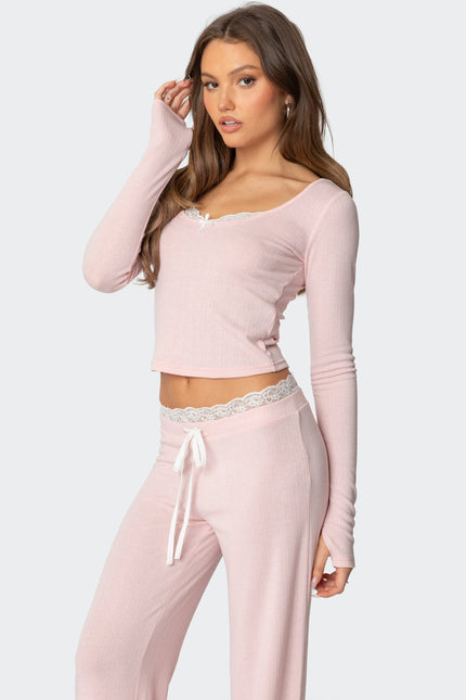 Peekaboo Lace Long Sleeve Top - Pink