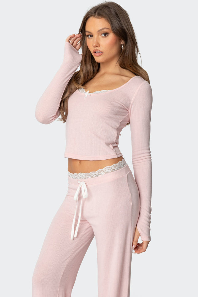 Peekaboo Lace Long Sleeve Top - Pink