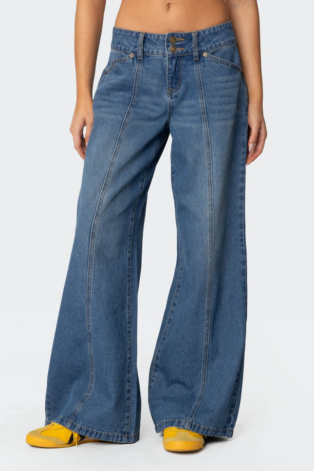 Charlie Panel Stitch Low Rise Bootcut Jeans - Blue Washed