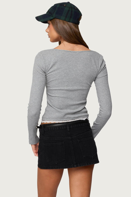 Joana Layered Lacey Henley Top - Gray Melange