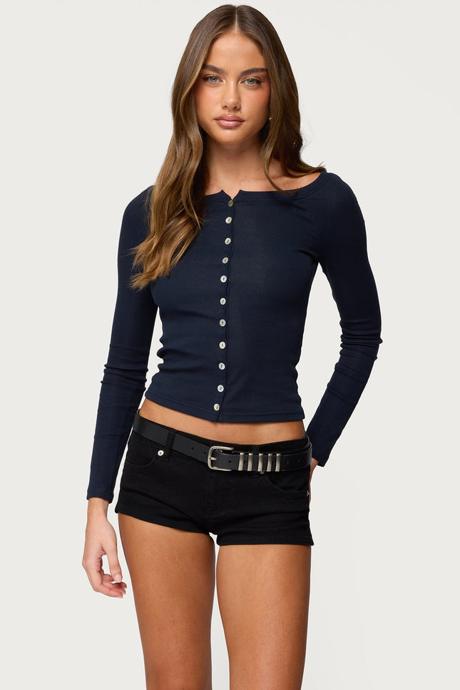 Cameo Boat Neck Button Up Top - Navy