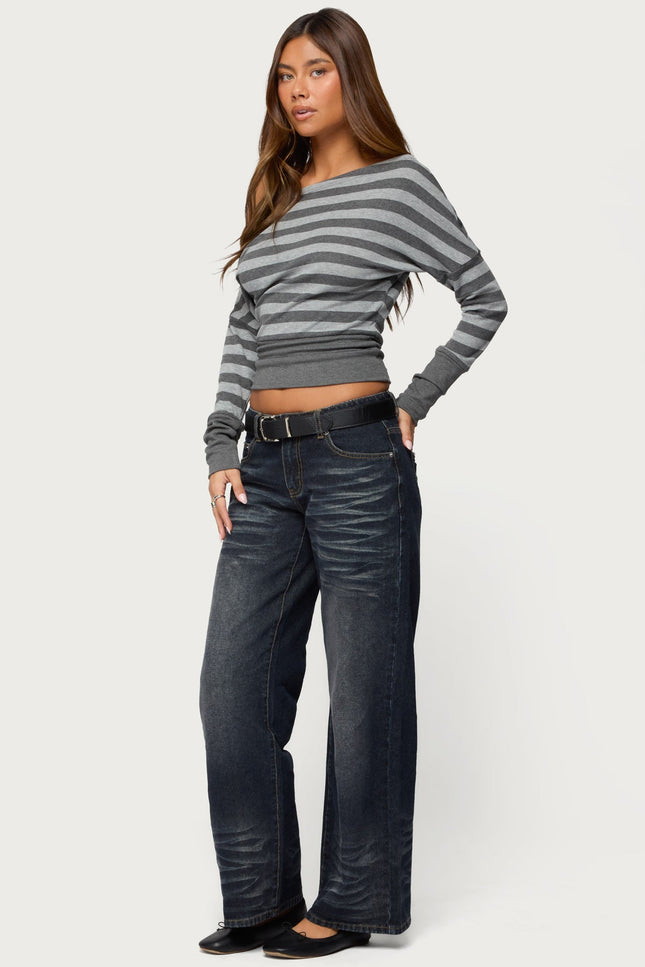 Marniee Striped Off Shoulder Top - Dark Gray Melange