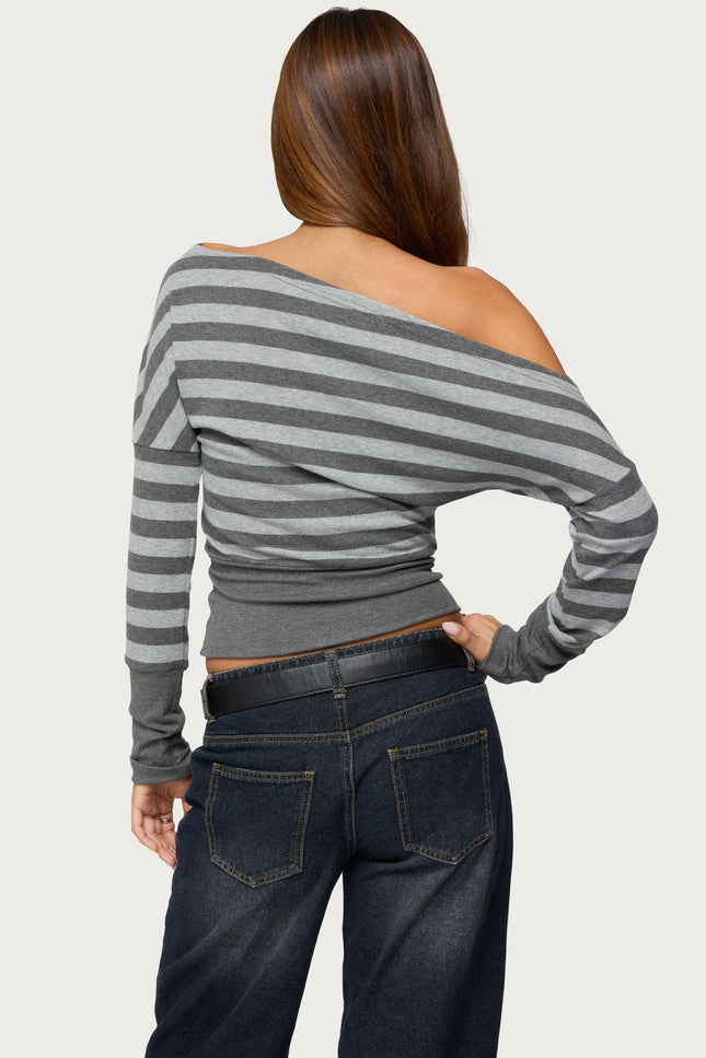 Marniee Striped Off Shoulder Top - Dark Gray Melange