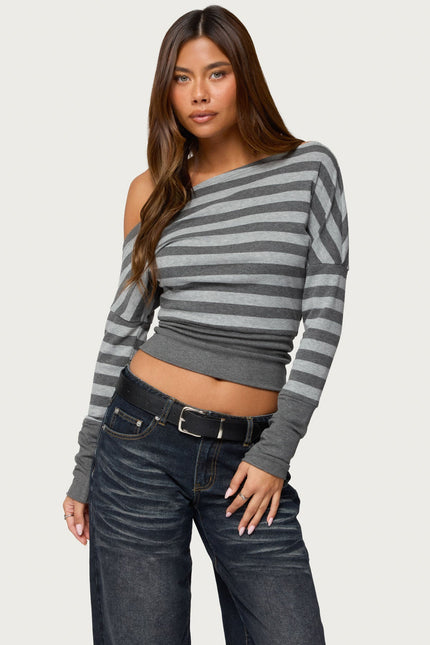 Marniee Striped Off Shoulder Top - Dark Gray Melange