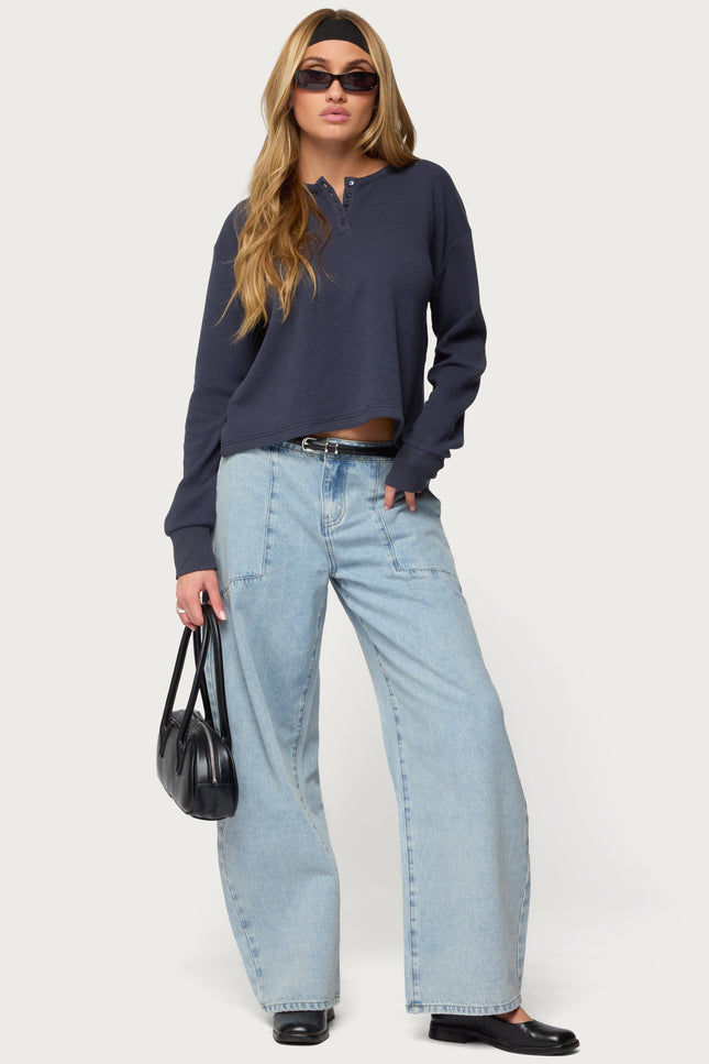 Deni Long Sleeve Henley Waffle Top - Navy