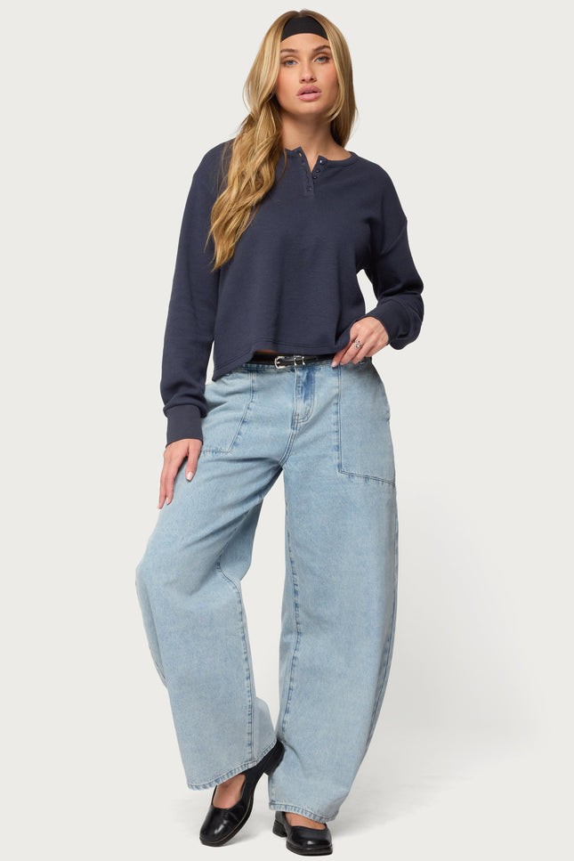 Deni Long Sleeve Henley Waffle Top - Navy