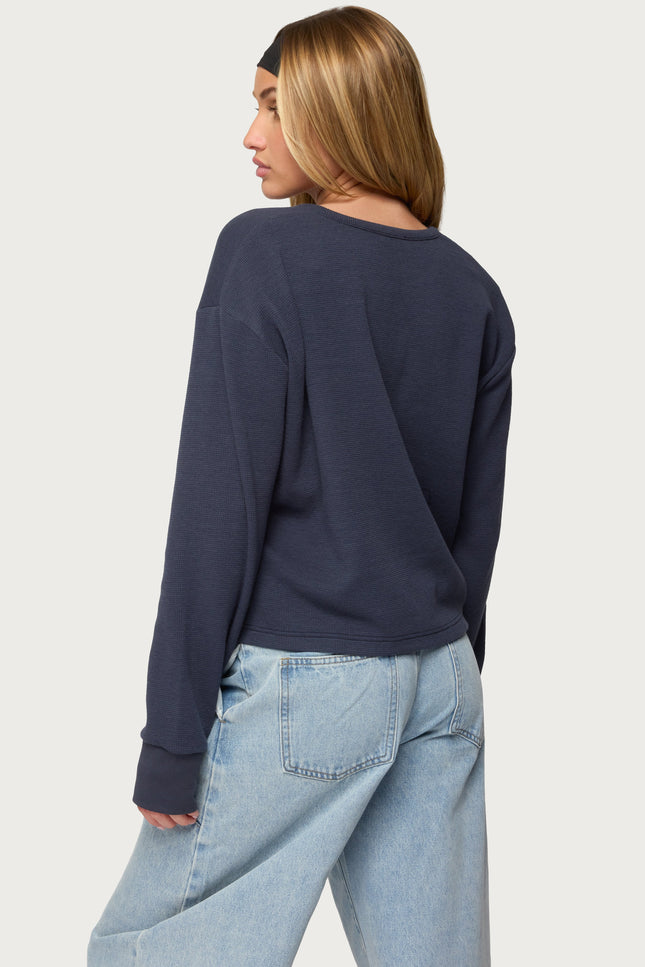 Deni Long Sleeve Henley Waffle Top - Navy