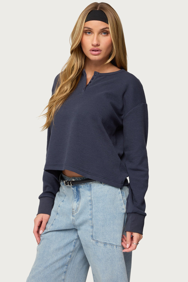 Deni Long Sleeve Henley Waffle Top - Navy
